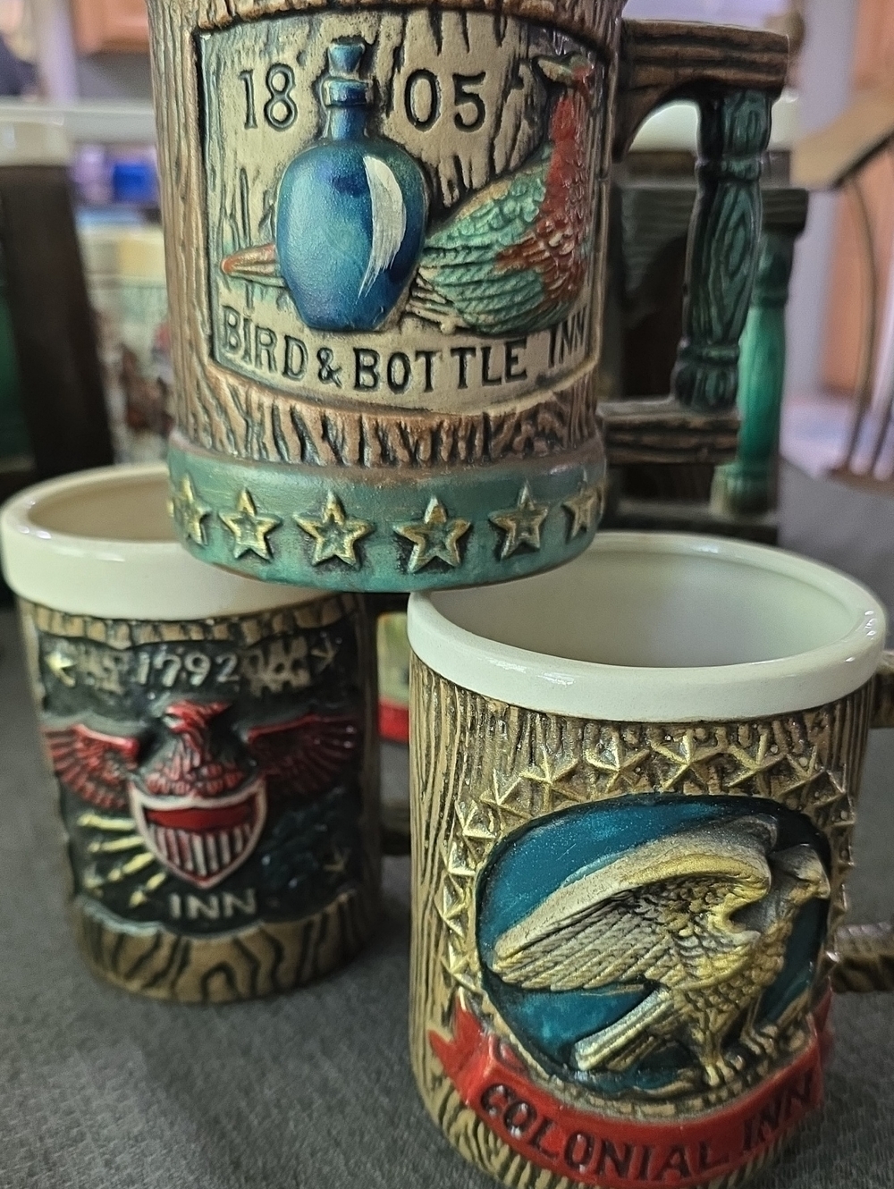 Vintage Colonial Inn Decorative Ceramic Mugs - Blue, Gold, Red